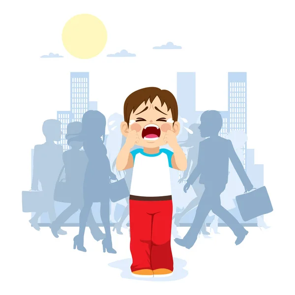Söt Liten Barn Gråter Eftersom Han Vilse Staden Med Siluett — Stock vektor