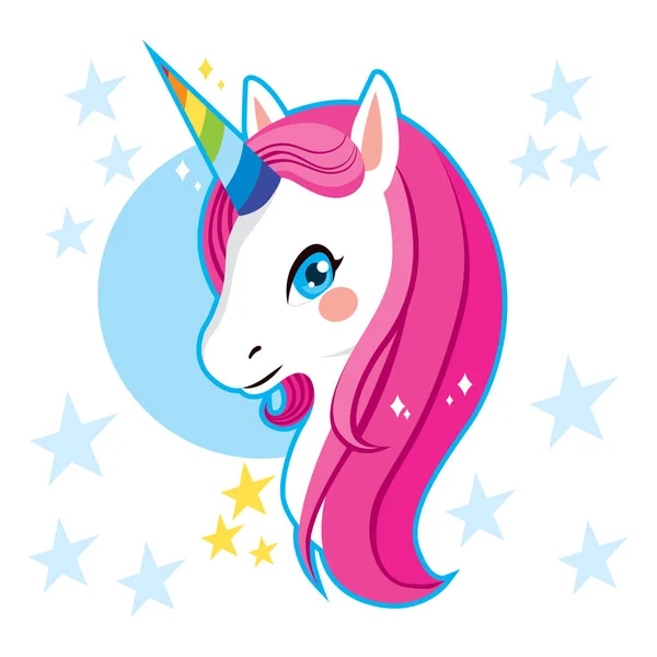 Cute Magic Unicorn Head Rainbow Horn Pink Hair — Stock Vector