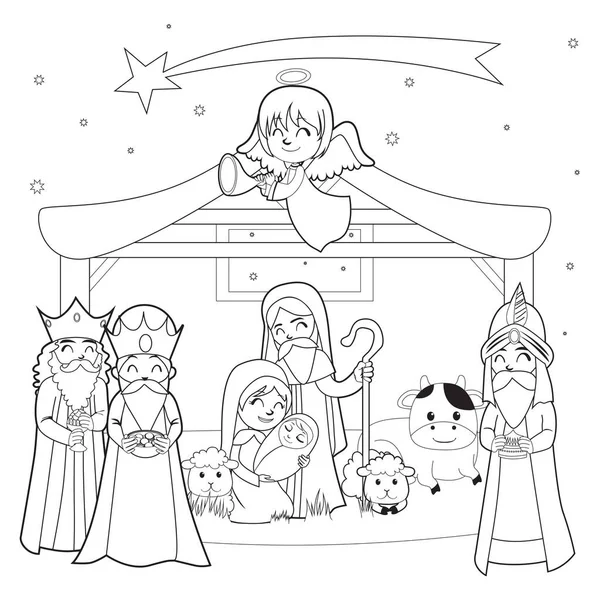 Monochrome Line Coloring Art Illustration Nativity Scene — Stock Vector