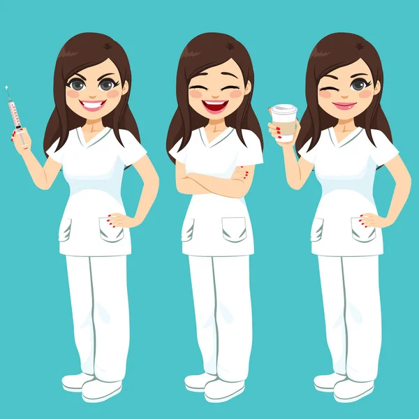 Conjunto Enfermeras Hospital Tres Posturas Expresiones Faciales Diferentes — Archivo Imágenes Vectoriales