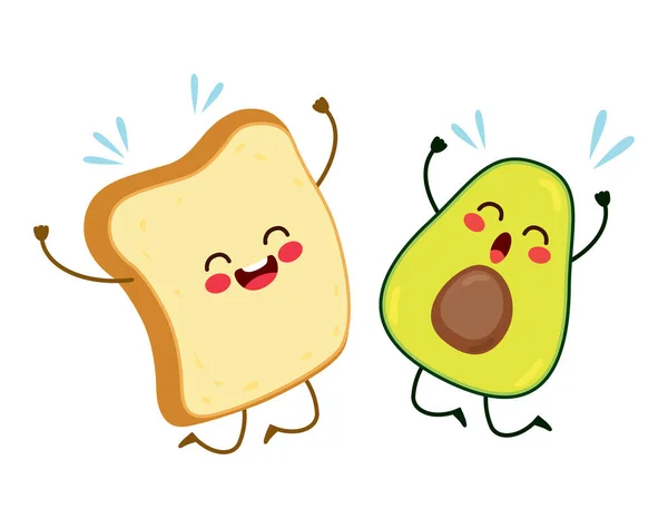 Leuke Beste Vrienden Toast Avocado Personages Springen Gelukkig — Stockvector