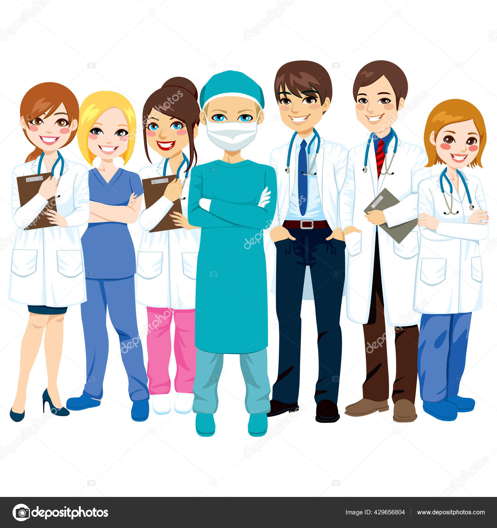 Equipe médica com pacientes. enfermeiros e médicos com personagens