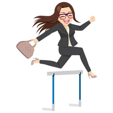 Happy businesswoman jumping hurdle successful concept overcoming difficulties in business clipart