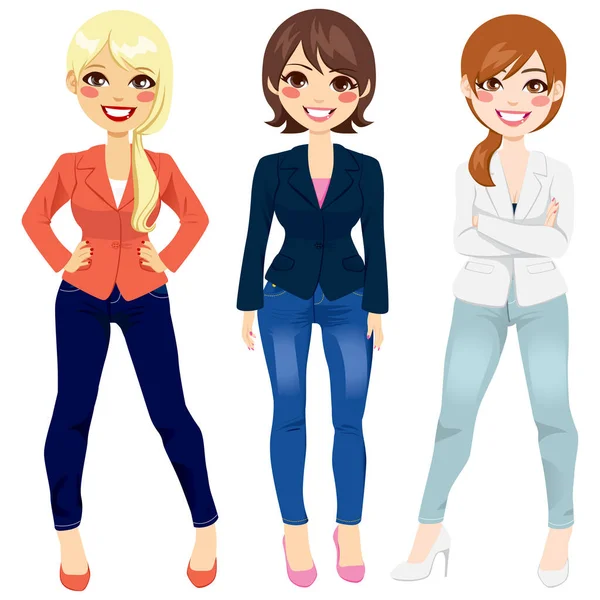 Drie Mooie Vrouwen Gekleed Slimme Casual Mode Kleding Verschillende Poses — Stockvector