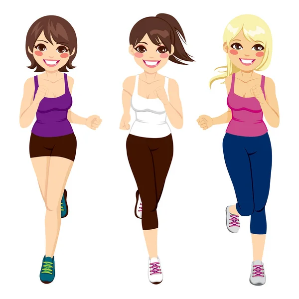 Full Body Illustration Three Beautiful Women Running Together Happily — Stock Vector
