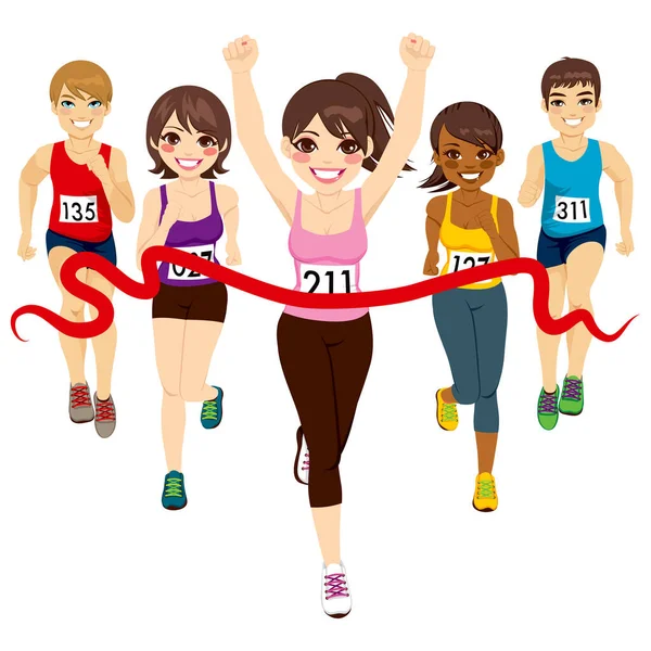 赤いフィニッシュラインに触れる他のアクティブな競合他社とのマラソンに勝つ女性ランナー — ストックベクタ