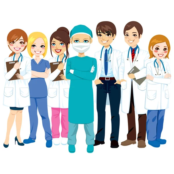 Hospital Medical Team Group Made Doctors Nurses Surgeon Standing Smiling — Stock Vector