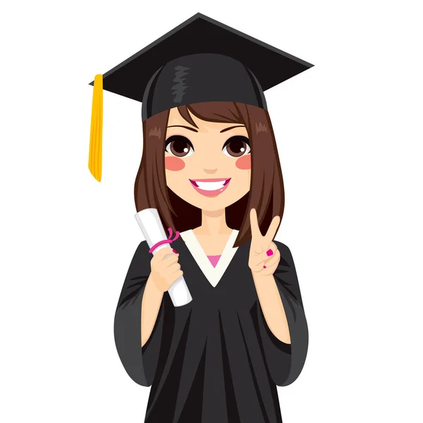 Hermosa Chica Morena Día Graduación Sosteniendo Diploma Haciendo Señal Victoria — Vector de stock