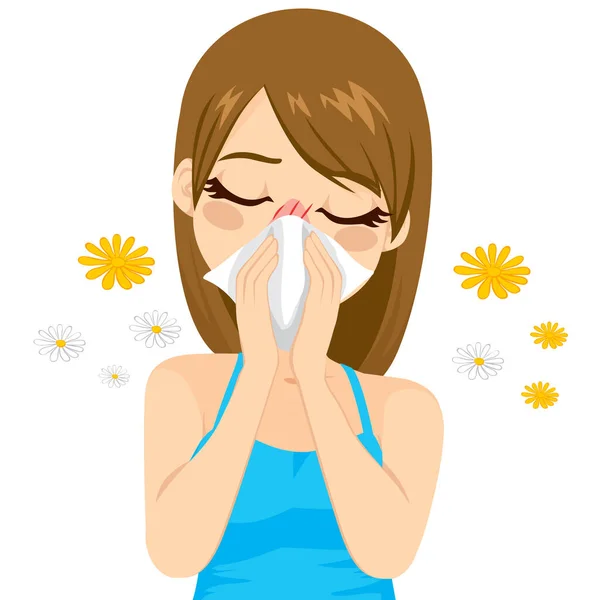 Young Sick Woman Ill Suffering Spring Allergy Using Tissue Nose — Stock Vector