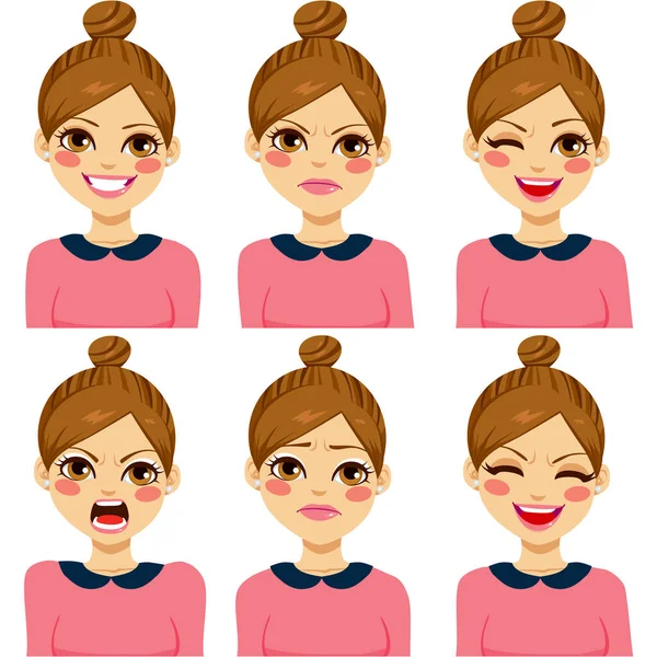 Attractive Light Brown Haired Young Hipster Woman Six Different Face — Stock Vector