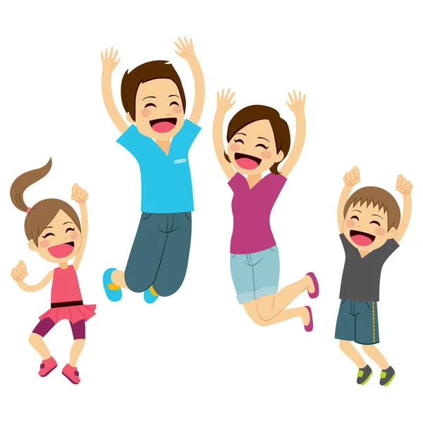 Χαριτωμένη Ευτυχισμένη Οικογένεια Πηδάει Μαζί Χέρια Ψηλά — Διανυσματικό Αρχείο