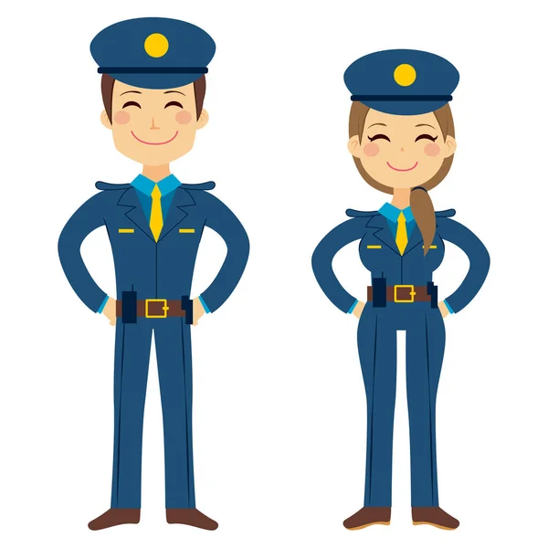 Mignon Policier Homme Femme Agents Travaillant Uniforme Debout Heureux — Image vectorielle