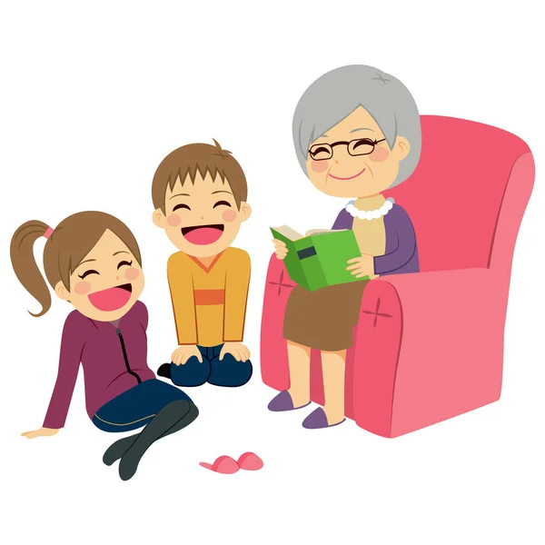 Illustrazione Bambini Che Ascoltano Nonna Leggere Una Storia — Vettoriale Stock