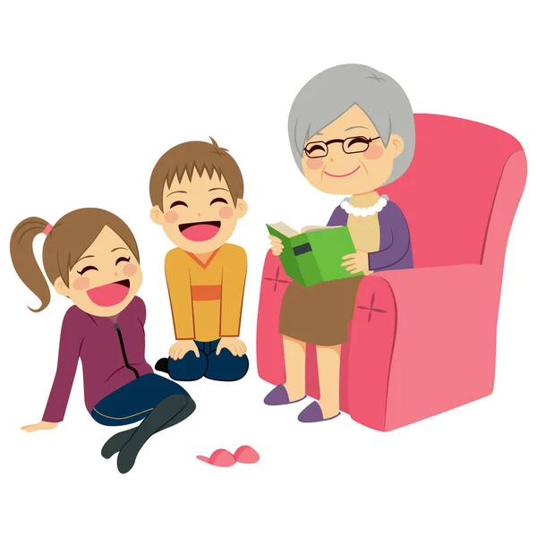 Ilustración Niños Escuchando Abuela Leyendo Cuento — Vector de stock