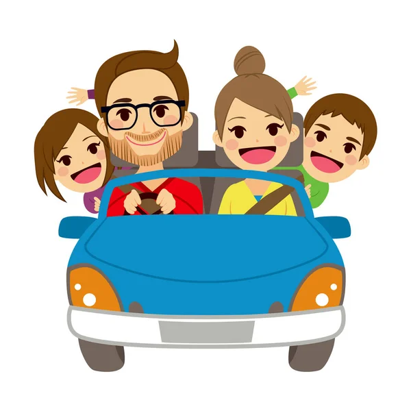 Illustration Cute Happy Family Four Members Traveling Blue Car — Stock Vector