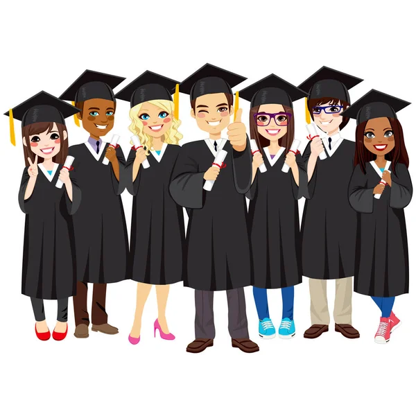 Group Diverse Successful Graduating Students Together Black Gown White Background — Stock Vector