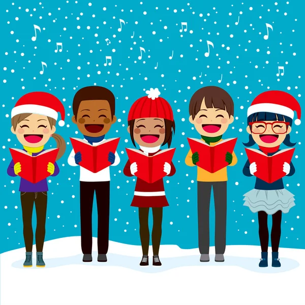 Szczęśliwe Dzieci Przyjaciele Różnych Grup Etnicznych Śpiewając Kolędy Boże Narodzenie — Wektor stockowy