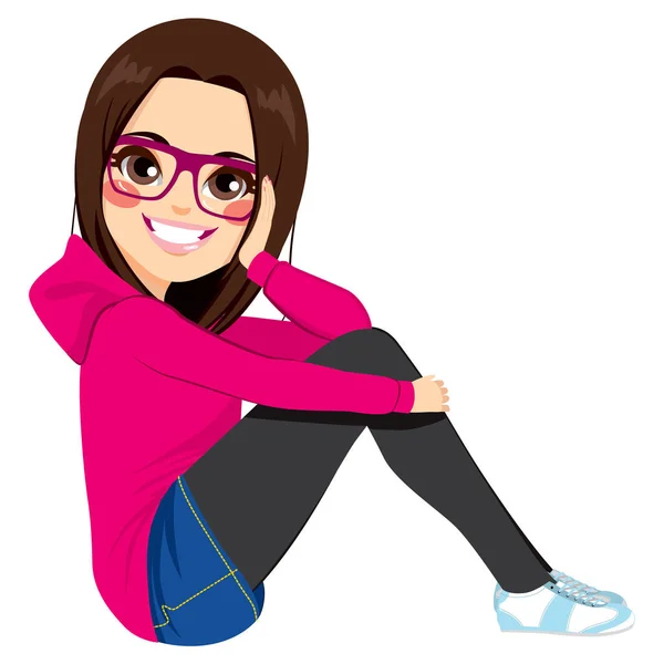 Hermosa Chica Adolescente Morena Con Gafas Sentadas Sobre Fondo Blanco — Vector de stock