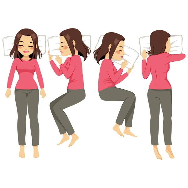 Conjunto Ilustrações Mulher Quatro Poses Diferentes Para Dormir — Vetor de Stock