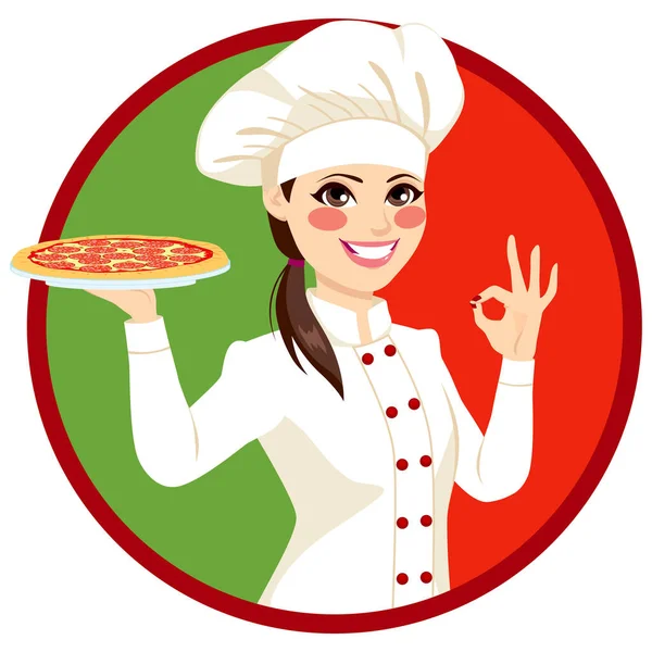 若い女性イタリア人シェフがピザを持ち イタリア国旗を背景にOkサインをする — ストックベクタ