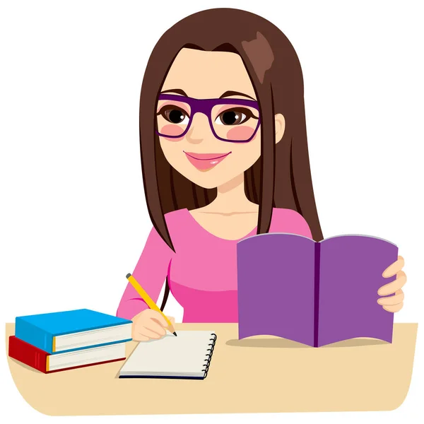 Genç Kız Bazı Kitaplarla Ders Çalışıyor Defterine Notlar Alıyor — Stok Vektör