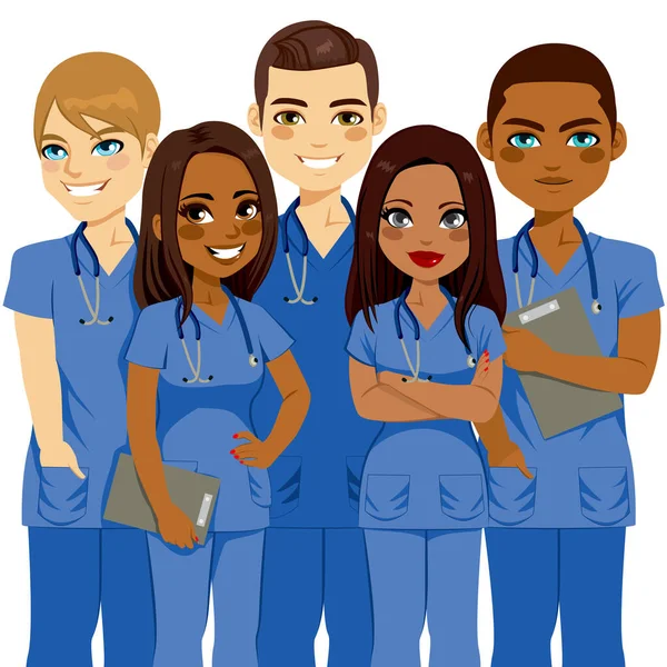 年轻多样性男性和女性护士小组 — 图库矢量图片