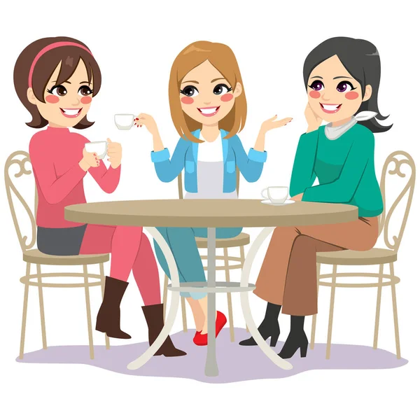 Tres Hermosas Jóvenes Amigas Tomando Café Sentadas Mesa Del Café — Archivo Imágenes Vectoriales