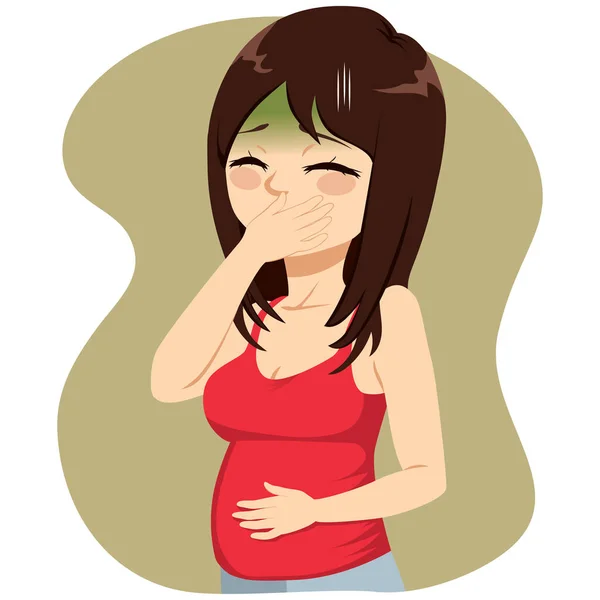 Ung Vacker Gravid Kvinna Täcker Munnen Med Hand Lider Morgon — Stock vektor