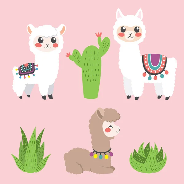 Tres Lindas Llamas Alpaca Pie Sentado Lado Diferentes Cactus — Archivo Imágenes Vectoriales