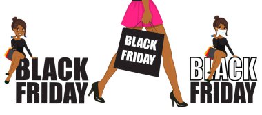 Beautiful young African American brunette woman sitting on black Friday text and walking holding sales bag clipart