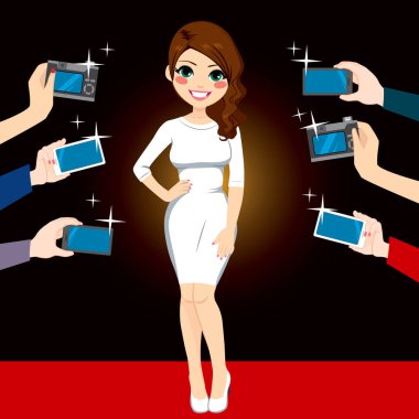 Beautiful young famous woman posing on red carpet for paparazzi photographing with cameras and smartphones clipart