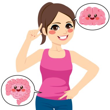 Beautiful young woman pointing her brain and intestine clipart
