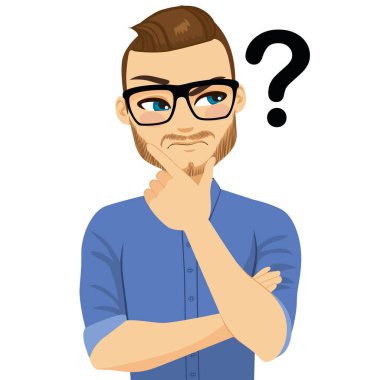 Young handsome man thinking suspiciously looking interrogation question mark with hand on chin clipart