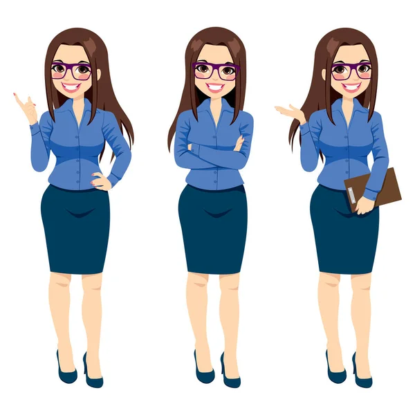 Drei Verschiedene Ganzkörperdarstellungen Der Schönen Brünetten Geschäftsfrau Mit Brille Posieren — Stockvektor