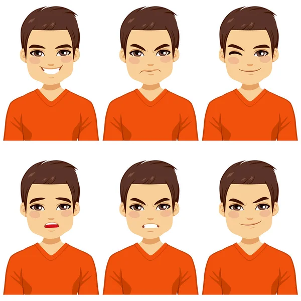 Atractivo Joven Cabello Castaño Seis Diferentes Expresiones Faciales Colección — Vector de stock