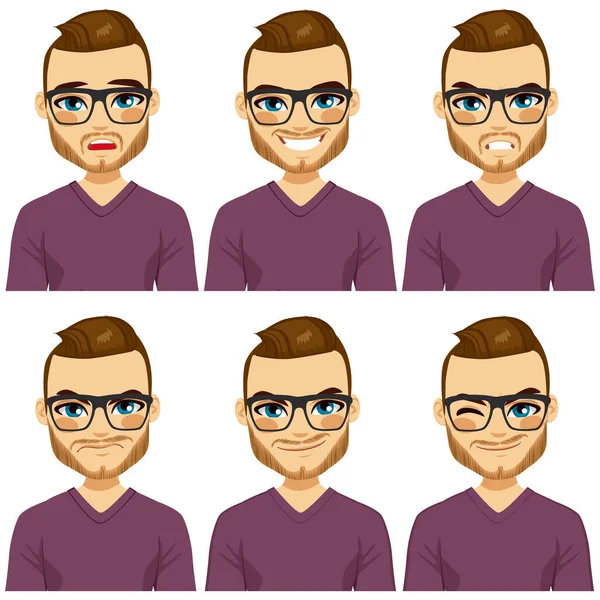 Atractivo Hombre Joven Hipster Pelo Castaño Con Gafas Seis Diferentes — Vector de stock