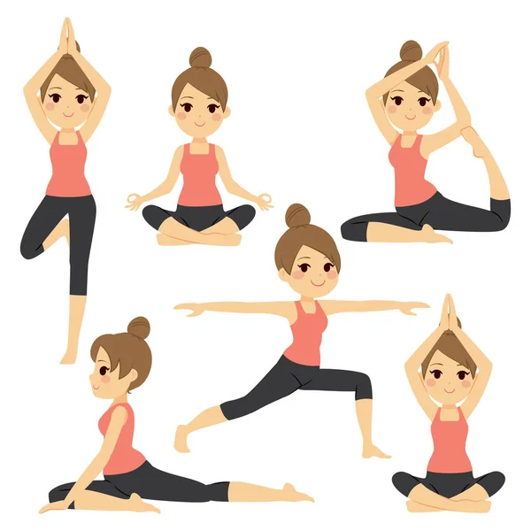 Set Con Hermosa Mujer Ejercitando Diversas Posturas Diferentes Yoga Entrenamiento — Vector de stock