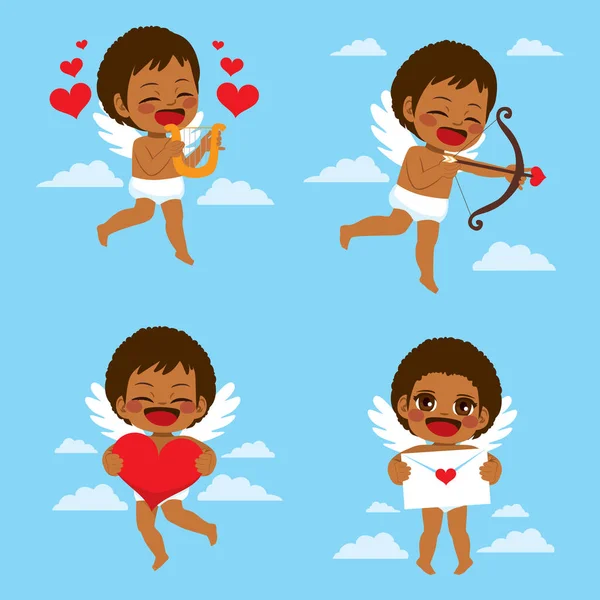 Carino Bello Nero Cupido Personaggio Set Collezione — Vettoriale Stock