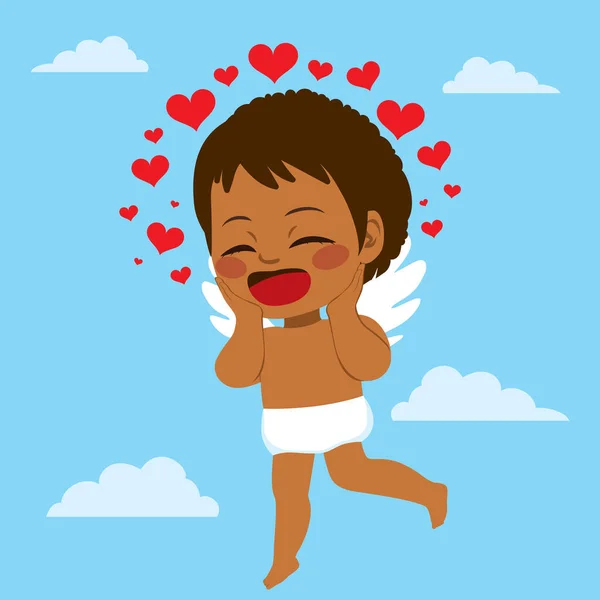 Bonito Personagem Cupido Preto Voando Céu Azul Cercado Corações —  Vetores de Stock