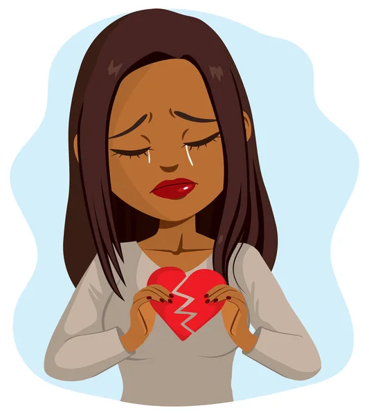 Schöne Junge Schwarze Frau Weint Traurig Und Hält Gebrochenes Herz — Stockvektor