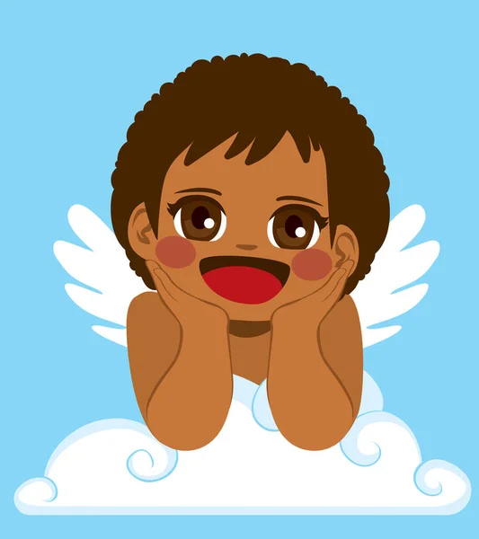 Lindo Pequeño Cupido Negro Sonriendo Nube Blanca — Vector de stock