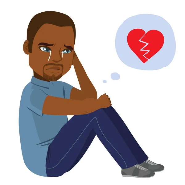 Joven Triste Hombre Negro Llorando Sentado Suelo Con Corazón Roto — Archivo Imágenes Vectoriales