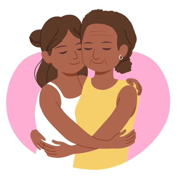 Ung Svart Afrikansk Dotter Kramar Äldre Mor Älskar Familj Koncept — Stock vektor
