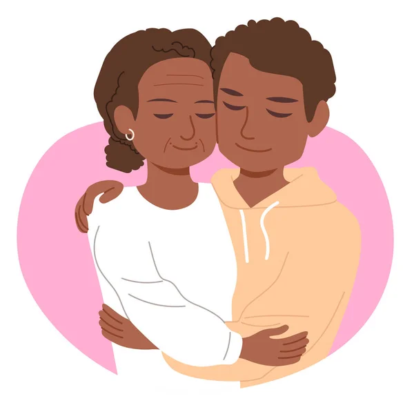 Νεαρός Μαύρος Αφρικανός Γιος Αγκαλιάζει Ηλικιωμένη Μητέρα Αγαπά Την Οικογενειακή — Διανυσματικό Αρχείο