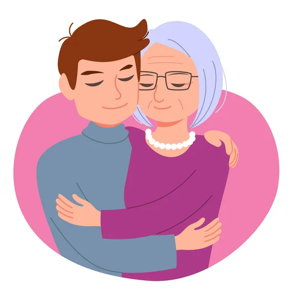 Young Adult Man Son Hugging Senior Mother Love Family Concept — Stock Vector