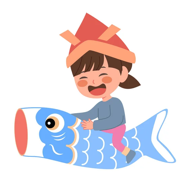 Ilustración Vectorial Niña Montando Peces Carpa Azul Elementos Del Día — Vector de stock