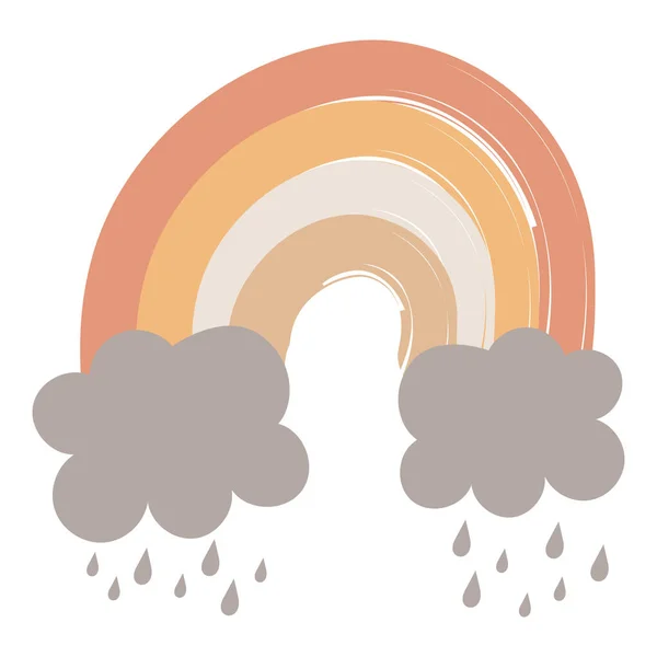 Kinderachtige Platte Vector Illustraties Regenboog Met Pastel Kleuren Wolken Regenen — Stockvector