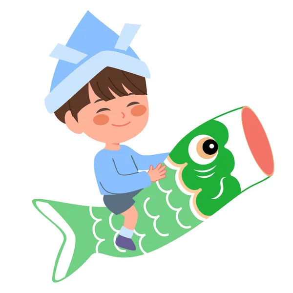 Векторна Ілюстрація Щасливого Хлопчика Катається Зеленій Коропній Рибі Дитячі Дні — стоковий вектор