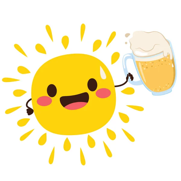 Happy Cartoon Sun Mascot Character Drinking Cold Beer Isolated White — Stock Vector