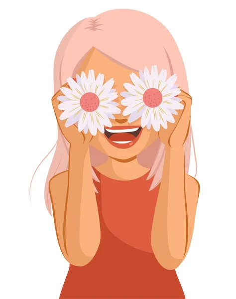 Beautiful Cheerful Woman Big Smile Holding White Daisy Flowers Covering — Stock Vector